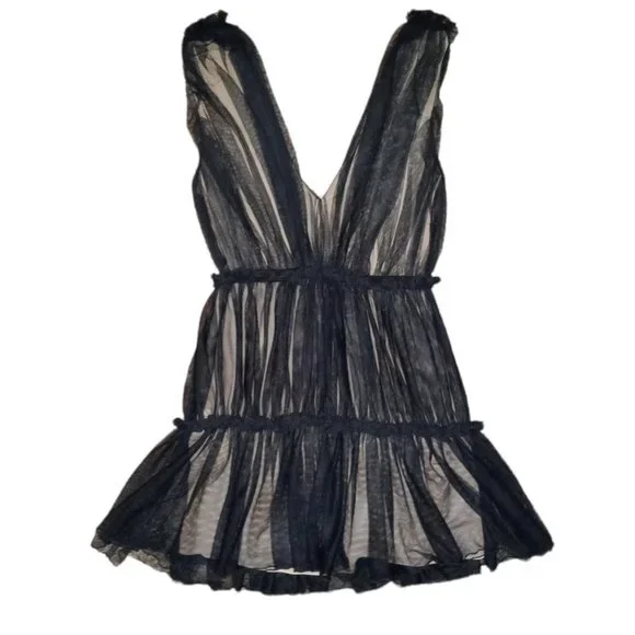 ZÉTA "Tali" Tulle Plunging V Neckline Mini Dress in Black - Picture 4 of 6